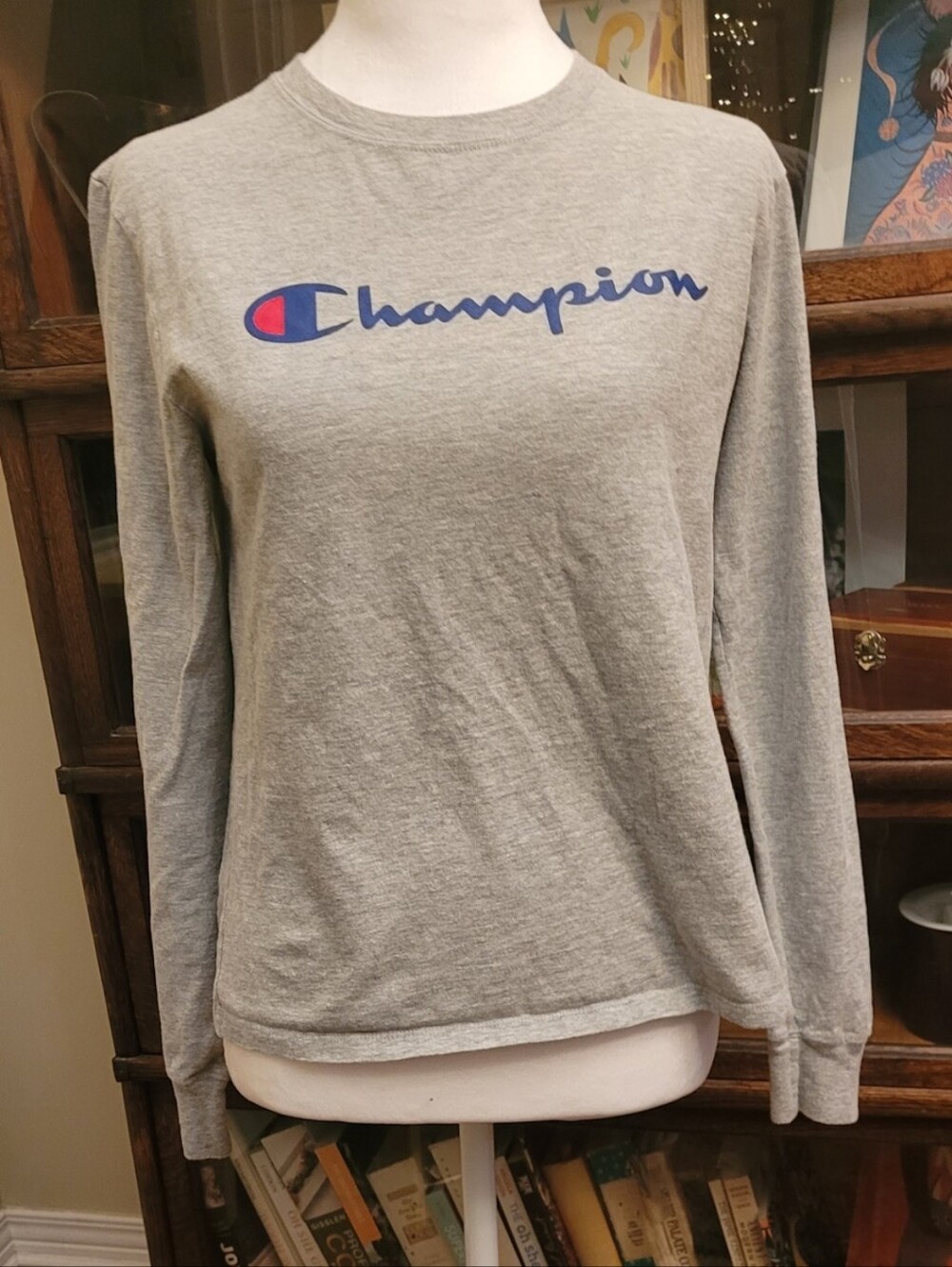 Champion Heather Gray Crewneck with Blue Script and Red Accent